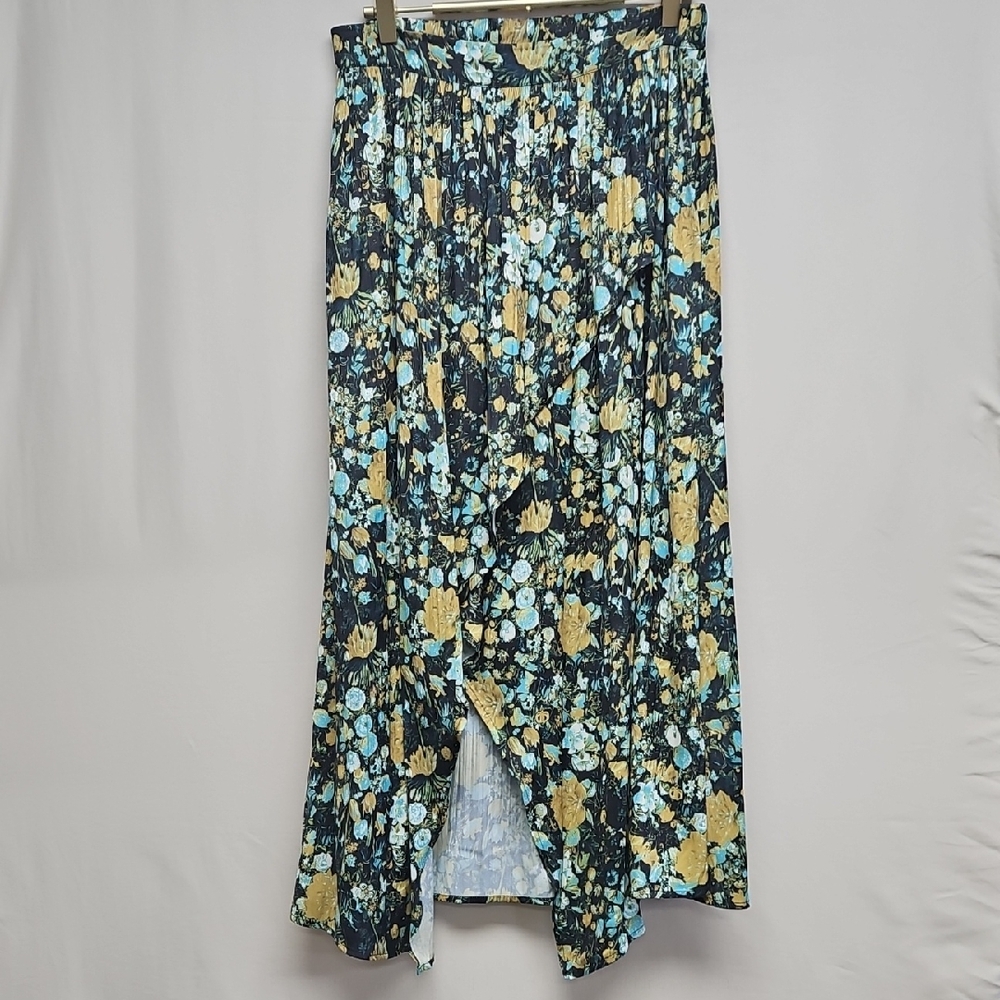 Maeve Anthropologie Floral Midi Skirt Small Blue Yellow Asymmetrical